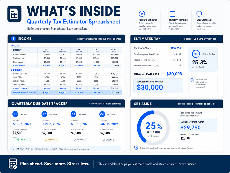 What's inside the Quarterly Tax Estimator — income entry, federal and self-employment calc, quarterly due-date tracker, and set-aside gauge