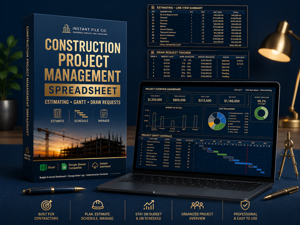 Construction Project Management Spreadsheet book with laptop displaying project data on a desk.