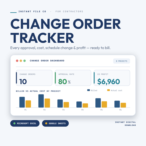 Contractor Change Order Tracker cover — approvals, costs, schedule, and profit for Excel and Google Sheets