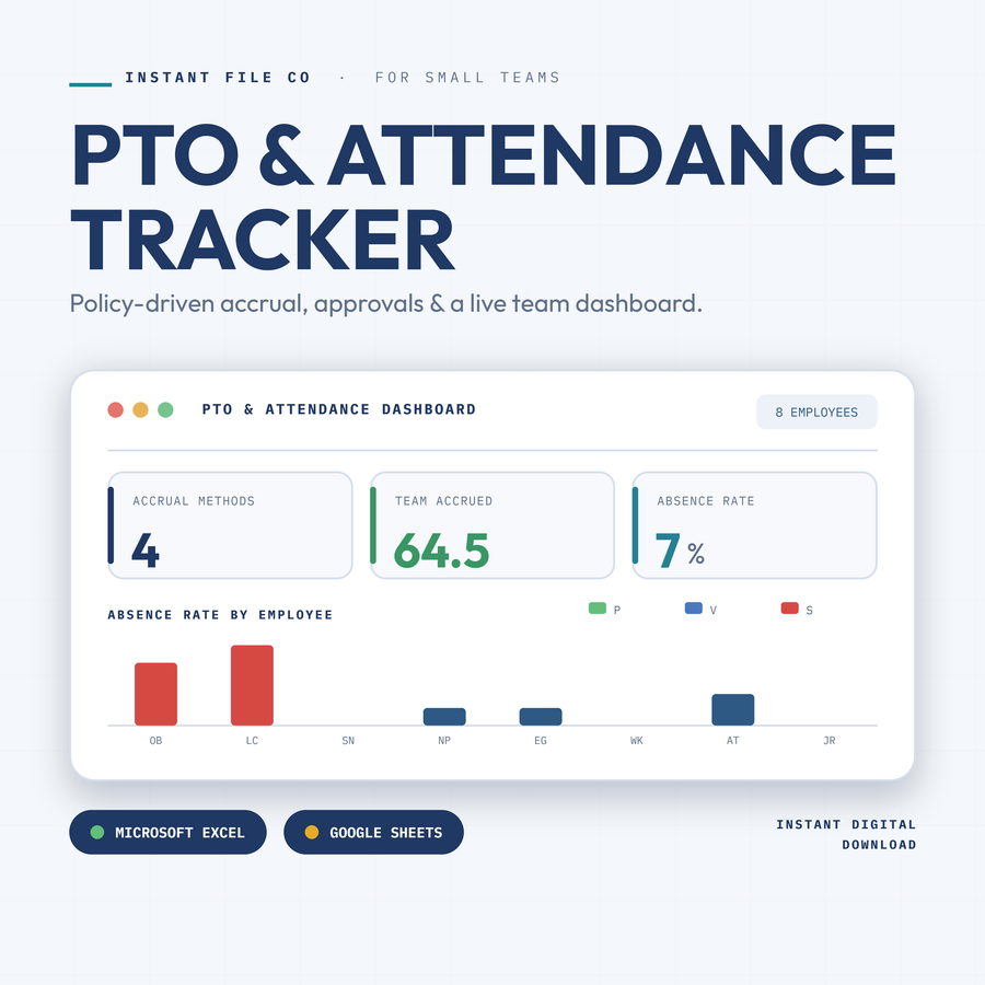 Employee PTO & Attendance Tracker cover — PTO accrual, balances, and attendance calendar for Excel and Google Sheets