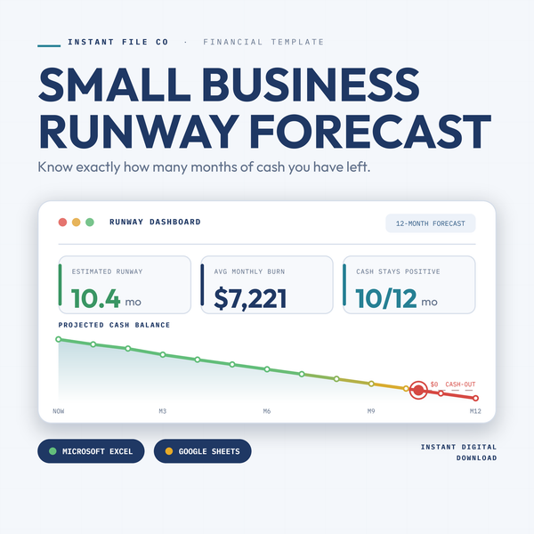 Small Business Runway Forecast cover — cash flow and burn rate tracker for Excel and Google Sheets