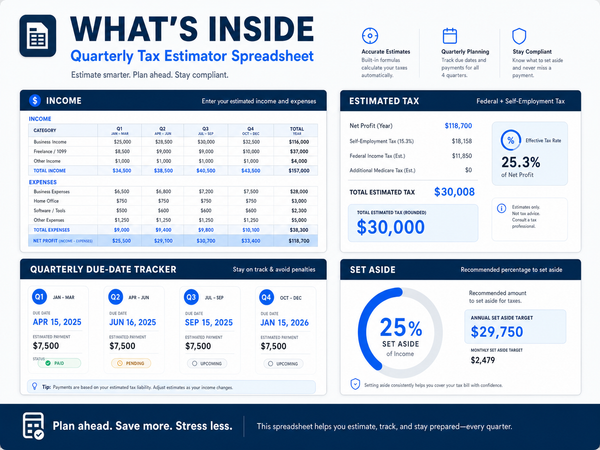 What's inside the Quarterly Tax Estimator — income entry, federal and self-employment calc, quarterly due-date tracker, and set-aside gauge