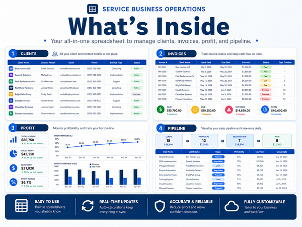 What's inside the Service Business Operations spreadsheet — client list, invoice tracker, profit dashboard, and pipeline view