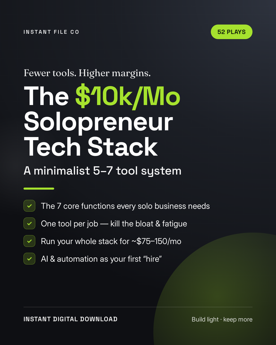 The $10k/Month Solopreneur Tech Stack — minimalist 5-7 tool system digital guide cover